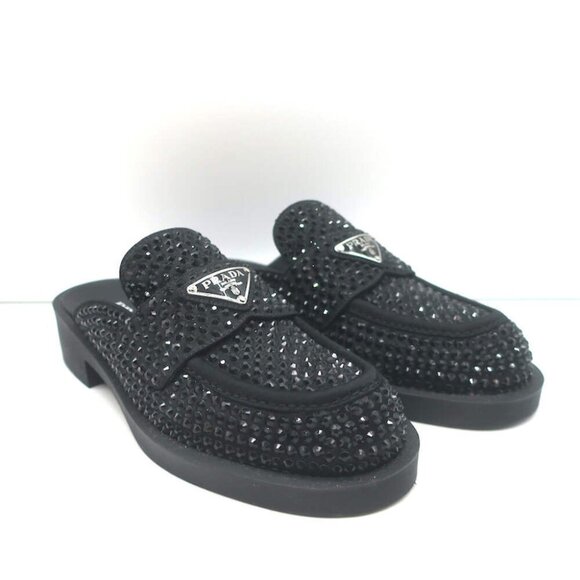 Prada Crystal Loafer Mules Black Satin Size 37 - Picture 1 of 14